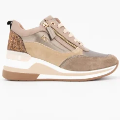 Online Baskets compensées à sequins cuir zip dorée avec lacets Femme Femme Baskets, Sneakers