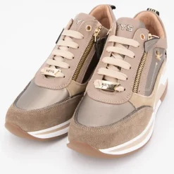 Online Baskets compensées à sequins cuir zip dorée avec lacets Femme Femme Baskets, Sneakers