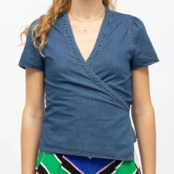 Hot Blouse cache coeur denim wash brandy manches courtes Femme Femme Haut, Chemise