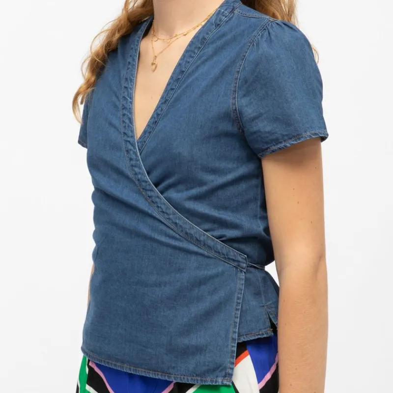 Hot Blouse cache coeur denim wash brandy manches courtes Femme Femme Haut, Chemise