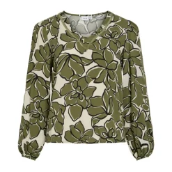 Blouse col V fleurie capulet olive Femme Femme Haut, Chemise