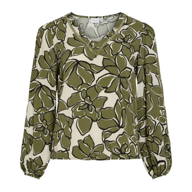 Blouse col V fleurie capulet olive Femme Femme Haut, Chemise