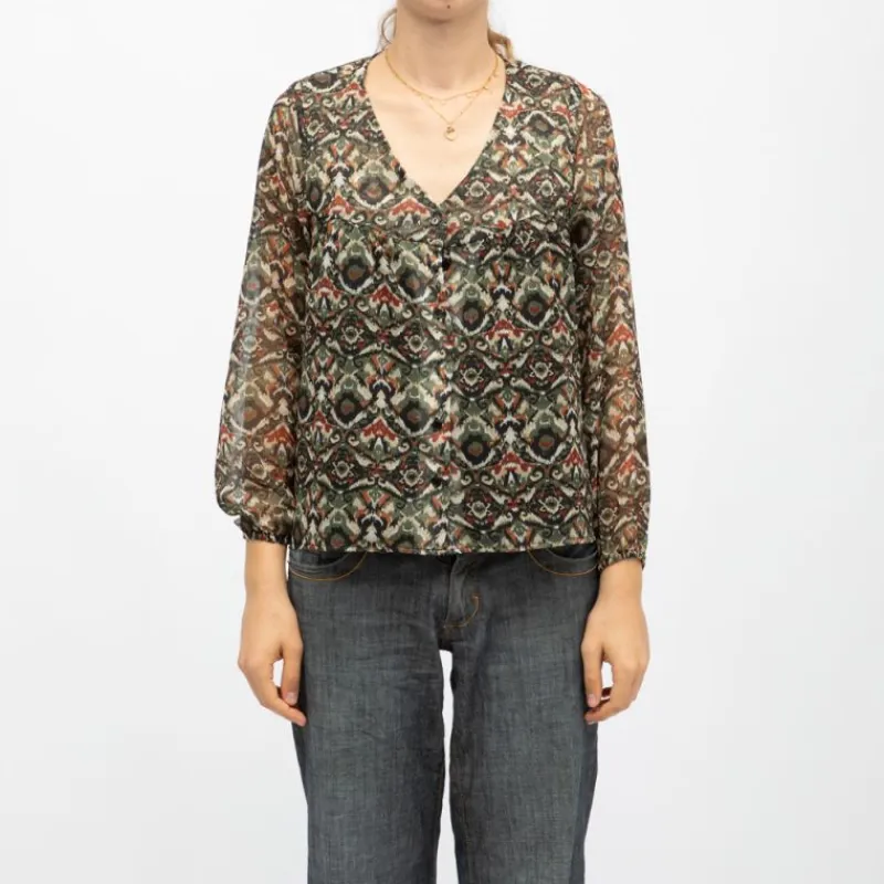 New Blouse cyrielle col v imprimé graphique khaki Femme Femme Haut, Chemise