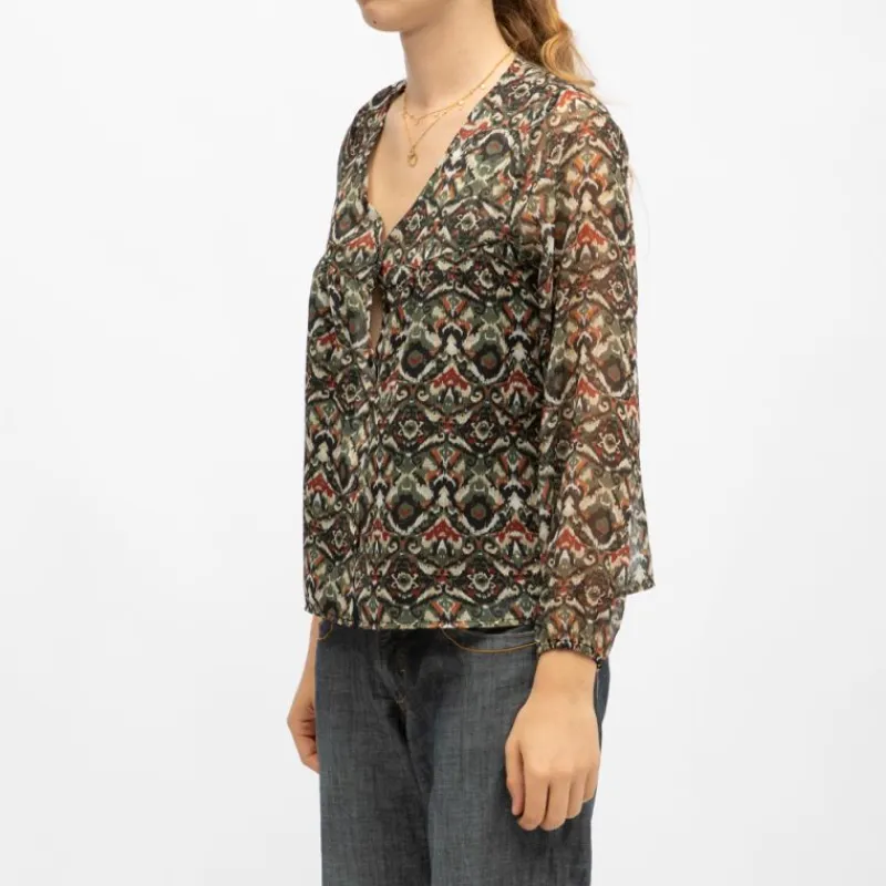 New Blouse cyrielle col v imprimé graphique khaki Femme Femme Haut, Chemise