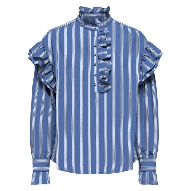 Blouse malou imprimé à rayures épaules à volants Femme Femme Haut, Chemise