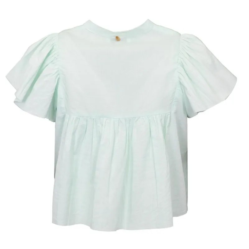 Clearance Blouse manches courtes à volants hita col fermé avec bouton Femme Femme Haut, Chemise