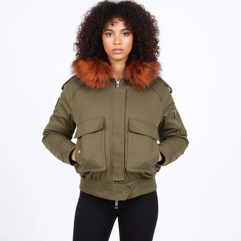 Outlet Blouson à capuche fourrure noir Femme Femme Veste, Doudoune, Manteau