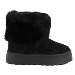 Clearance Bottines à revers à strass doublure faussure fourrure Femme Femme Boots, Bottines