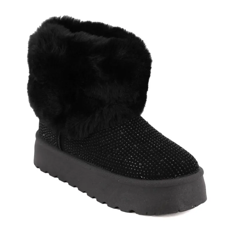 Clearance Bottines à revers à strass doublure faussure fourrure Femme Femme Boots, Bottines