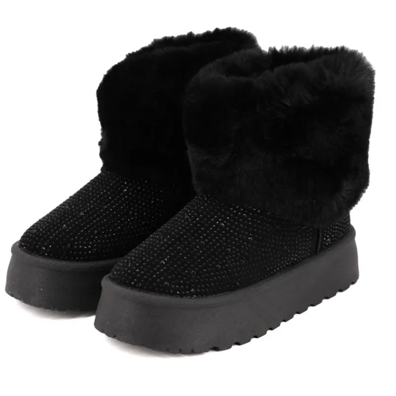 Clearance Bottines à revers à strass doublure faussure fourrure Femme Femme Boots, Bottines