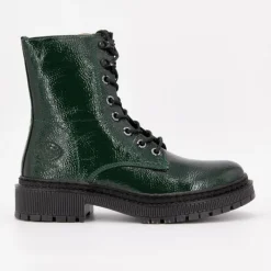 Outlet Bottines rangers vert sapin effet cuir à lacets noirs Femme Femme Boots, Bottines