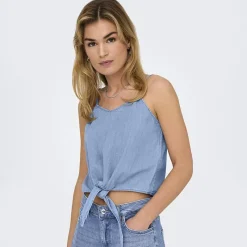 Hot Caraco denim col V à fines bretelles à nouer Femme Femme Haut, Chemise