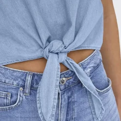 Hot Caraco denim col V à fines bretelles à nouer Femme Femme Haut, Chemise