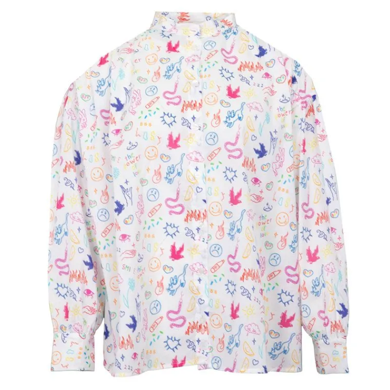 Hot Chemise coton multicolor imprimé dessins col mao Femme Femme Haut, Chemise