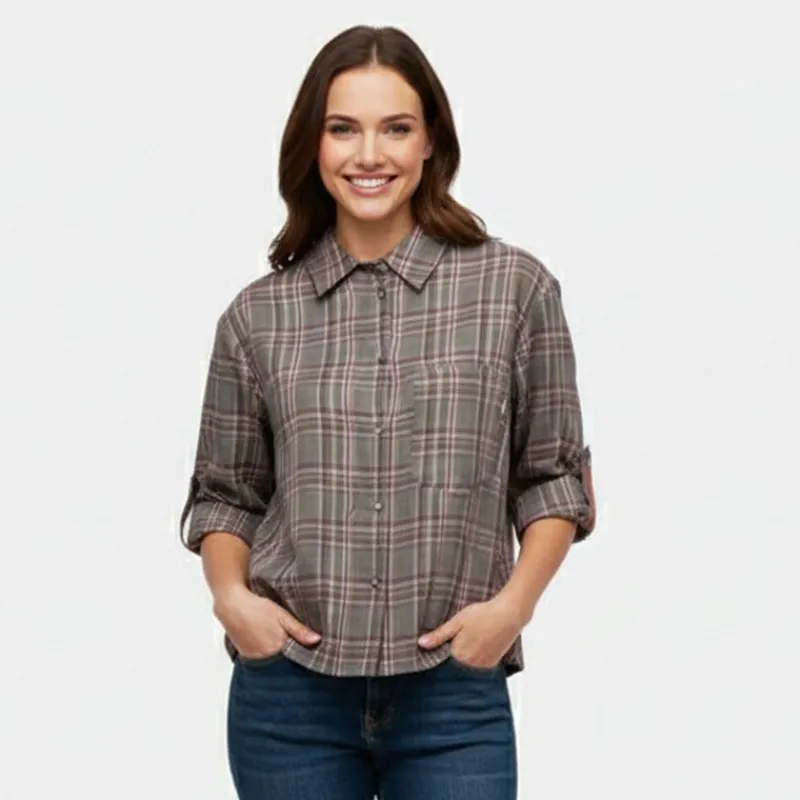 Sale Chemise grigio à carreaux asymétrique manches 3/4 Femme Femme Haut, Chemise