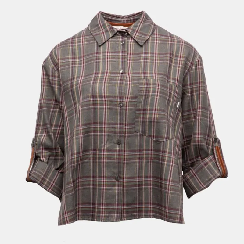 Sale Chemise grigio à carreaux asymétrique manches 3/4 Femme Femme Haut, Chemise