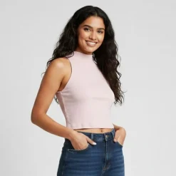 Clearance Débardeur couleur peau cotelé col cheminé Femme Femme Haut, Chemise