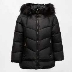 Hot Doudoune courte zippée à capuche fausse fourrure col montant Enfant, Bébé Enfant Doudoune, Coupe-Vent