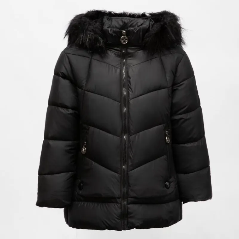 Hot Doudoune courte zippée à capuche fausse fourrure col montant Enfant, Bébé Enfant Doudoune, Coupe-Vent