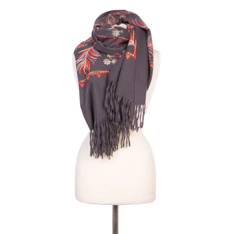 Hot Echarpe noire brodée à fleurs Lindsay 70x180cm Mixte Femme Écharpe, Foulard