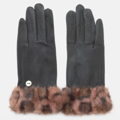 Sale Gants tissu épais avec fausse fourrure imprimé léopard Femme Femme Gants