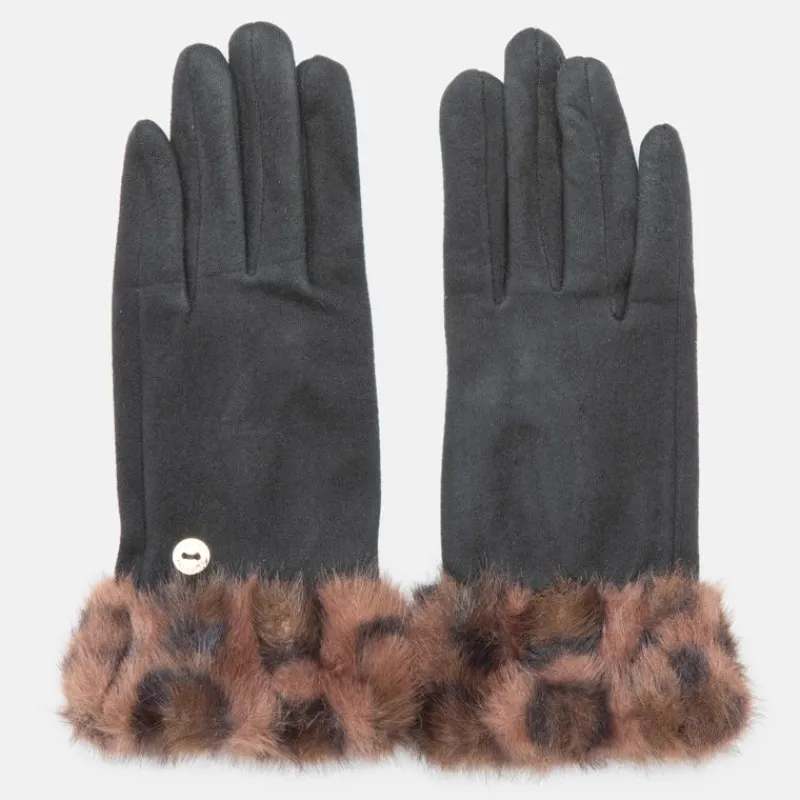 Sale Gants tissu épais avec fausse fourrure imprimé léopard Femme Femme Gants