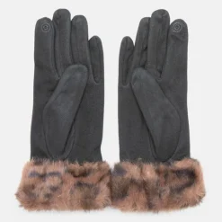 Sale Gants tissu épais avec fausse fourrure imprimé léopard Femme Femme Gants