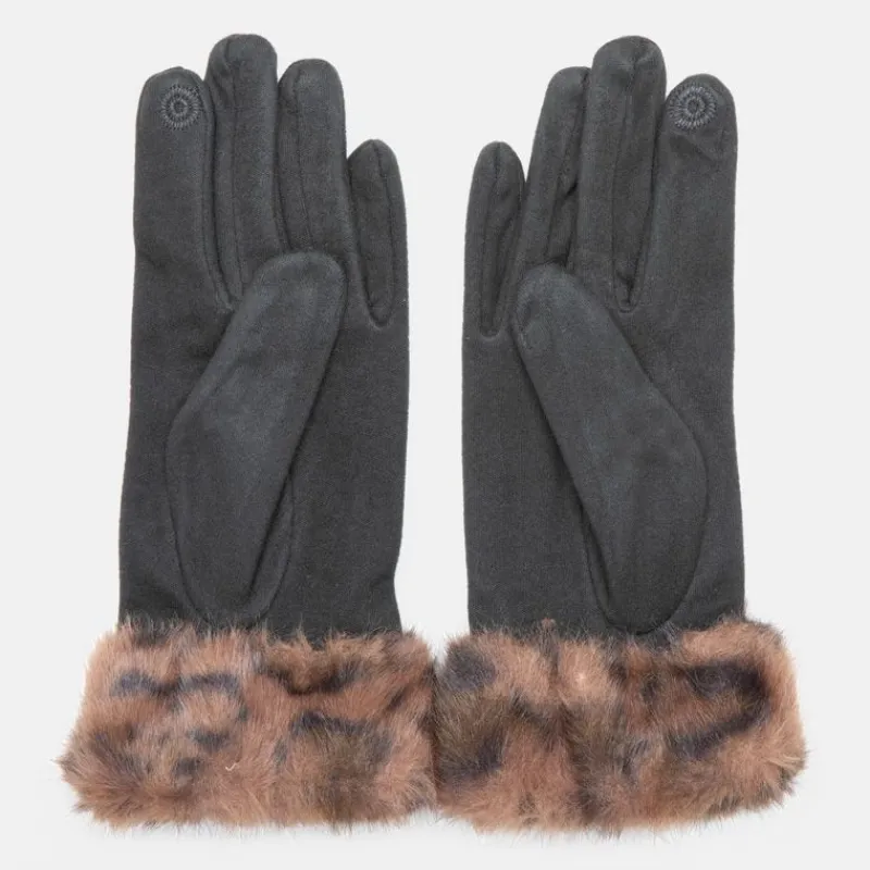 Sale Gants tissu épais avec fausse fourrure imprimé léopard Femme Femme Gants