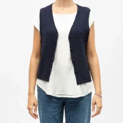 Discount Gilet sans manches bleu marine monica maille crocheté Femme Femme Pull, Gilet, Sweat