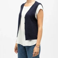 Discount Gilet sans manches bleu marine monica maille crocheté Femme Femme Pull, Gilet, Sweat