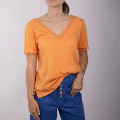 Clearance Haut corail manches courtes Col V devant et au dos Femme Femme Haut, Chemise