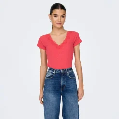 Sale Haut manches courtes Lennie rouges dentelle décolleté Femme Femme Haut, Chemise