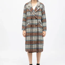 Hot Manteau mi longue à carreaux avec boutons naelle Femme Femme Veste, Doudoune, Manteau