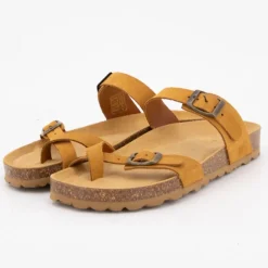 Sale Mules à boucles couleur camel en cuir Femme Femme Tongs, Mules