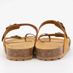 Sale Mules à boucles couleur camel en cuir Femme Femme Tongs, Mules