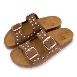 Best Mules à clous doubles brides en cuir Femme Femme Tongs, Mules