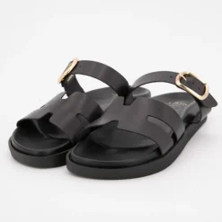 Hot Mules boucle dorée lanières en cuir Femme Femme Tongs, Mules