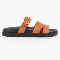 Clearance Mules boucle dorée lanières en cuir Femme Femme Tongs, Mules