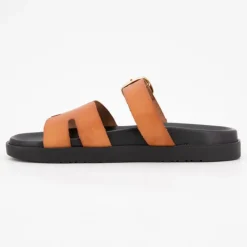 Clearance Mules boucle dorée lanières en cuir Femme Femme Tongs, Mules