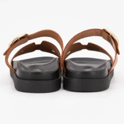 Clearance Mules boucle dorée lanières en cuir Femme Femme Tongs, Mules