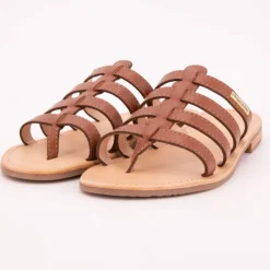 Mules cuir Hikamul couleur tan Femme Femme Tongs, Mules