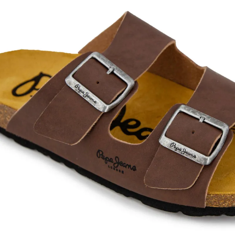 Online Mules double bride cuir boucle dorée Homme Homme Tongs, Mules, Sandales