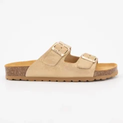 Discount Mules double bride en cuir sable Femme Femme Tongs, Mules