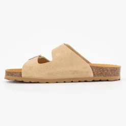 Discount Mules double bride en cuir sable Femme Femme Tongs, Mules