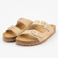 Discount Mules double bride en cuir sable Femme Femme Tongs, Mules