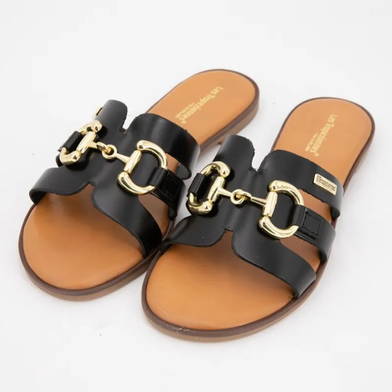 Discount Mules hamia tan avec boucle dorée Femme Femme Tongs, Mules