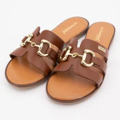 Best Mules hamia tan avec boucle dorée Femme Femme Tongs, Mules