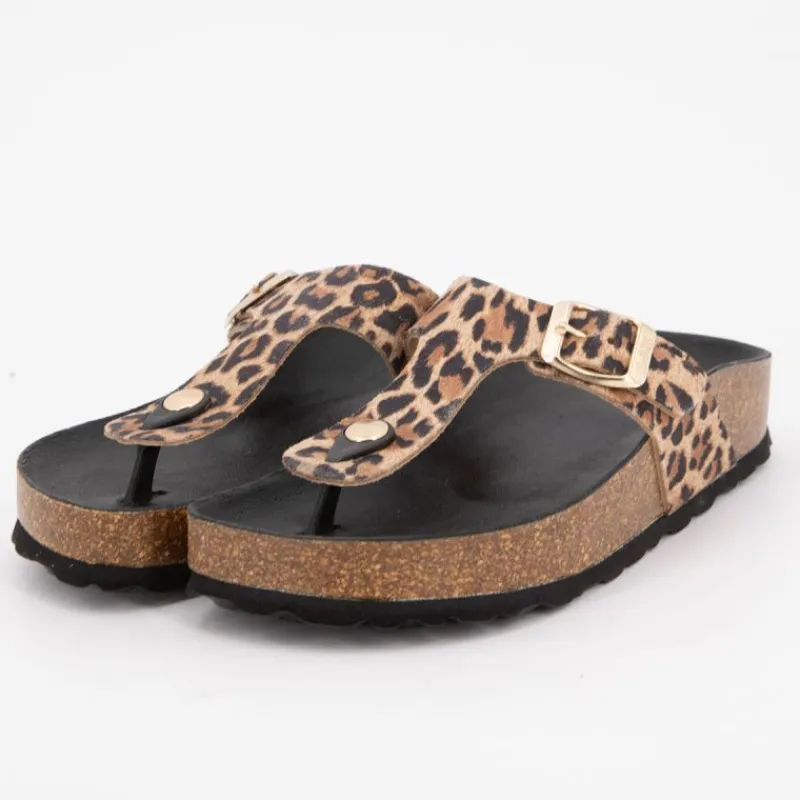 Clearance Mules léopard cuir entre doigt semelle foncée Femme Femme Tongs, Mules