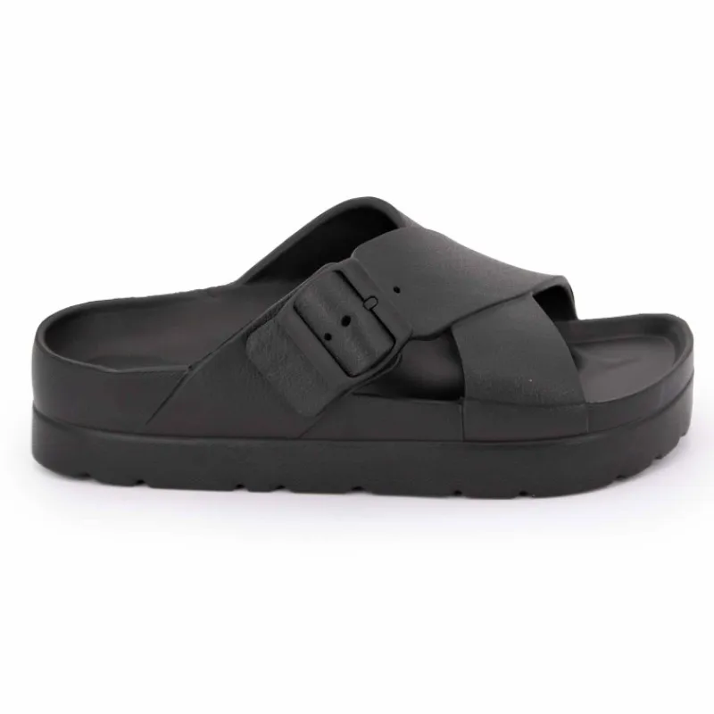 Discount Mules semelle épaisse crantée et double bride croisée Femme Femme Tongs, Mules