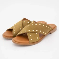 Online Mules setter cuir à clous dorés Femme Femme Tongs, Mules